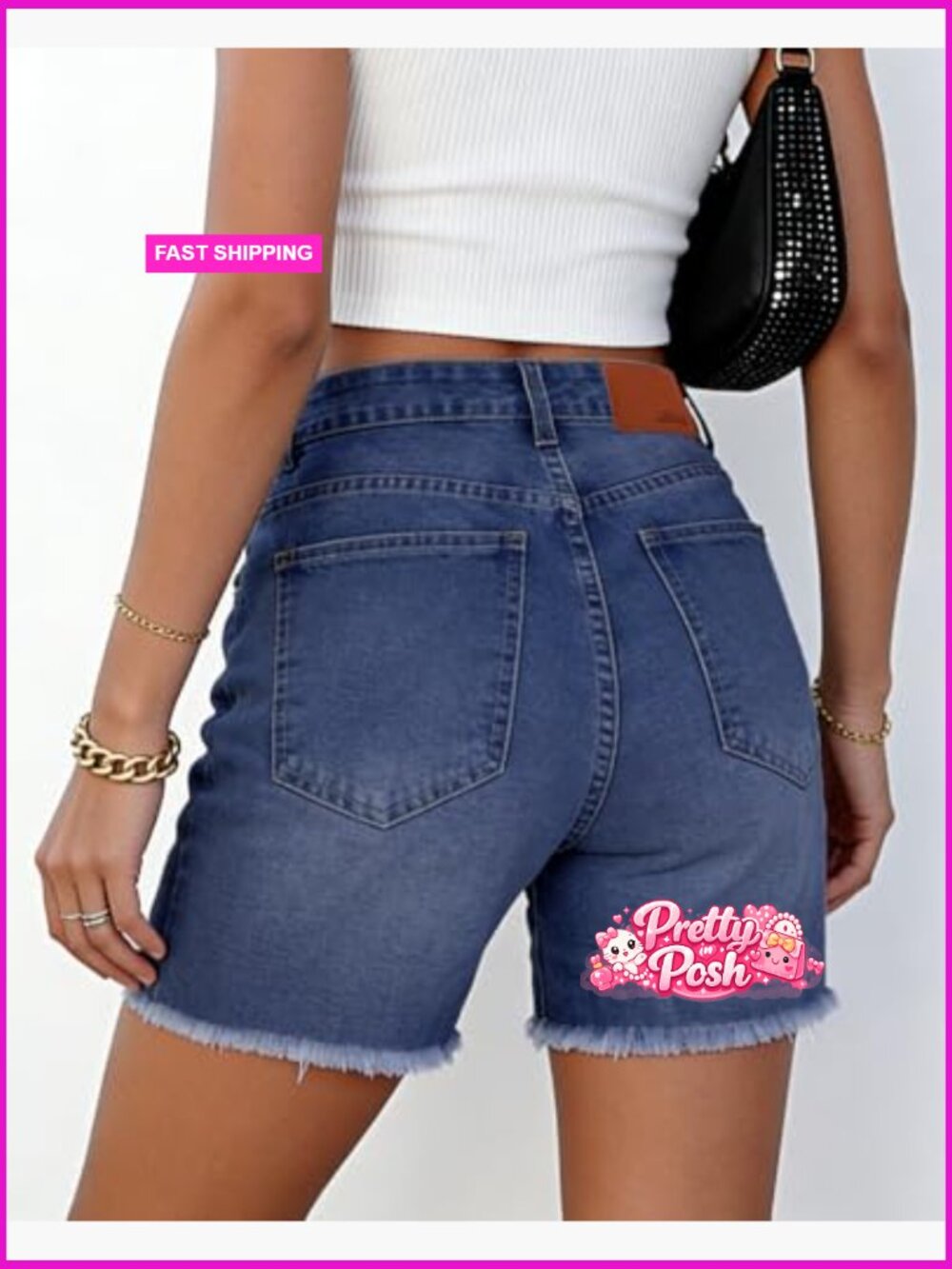 Women High Waisted Stretchy Ripped Denim Shorts Jorts with Raw Hem - Picture 3 of 6